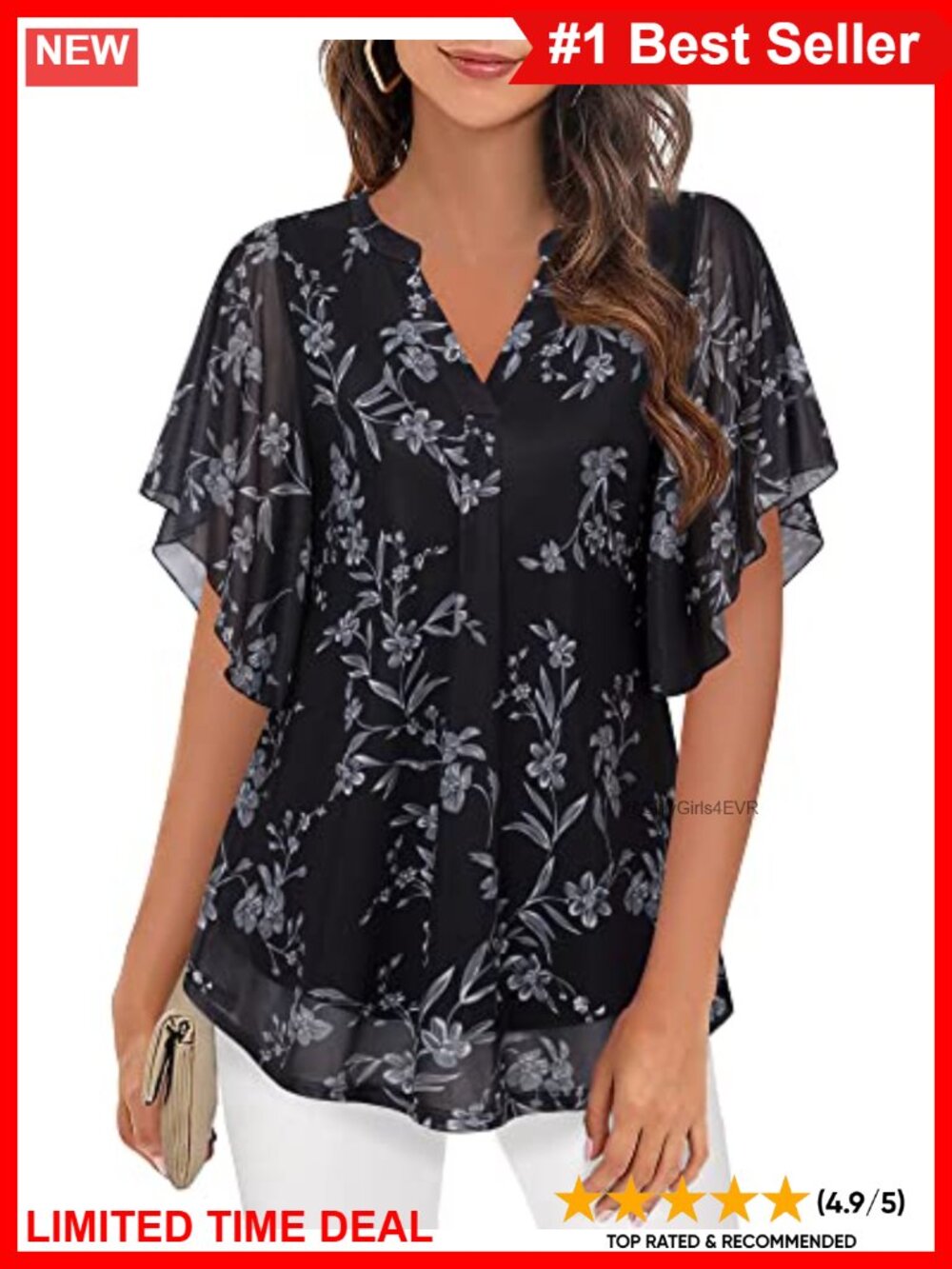 Women's Floral V-Neck Butterfly Sleeve Tunic Blouse Mesh Double Layers Top